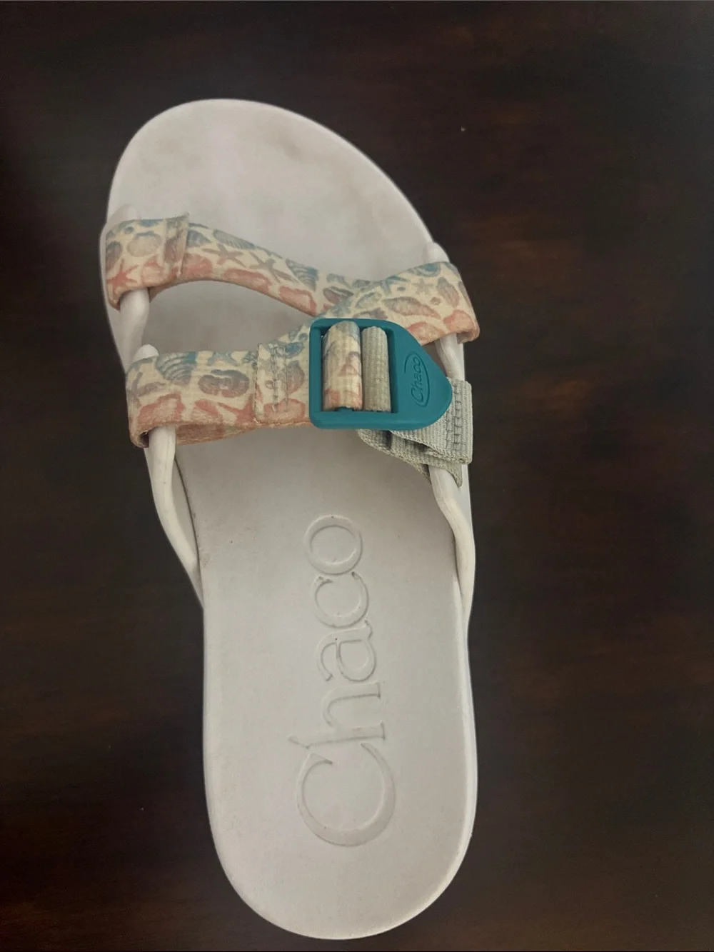 Chaco Women's Cream Slide Sandals with Teal Buckles and Patterned Straps